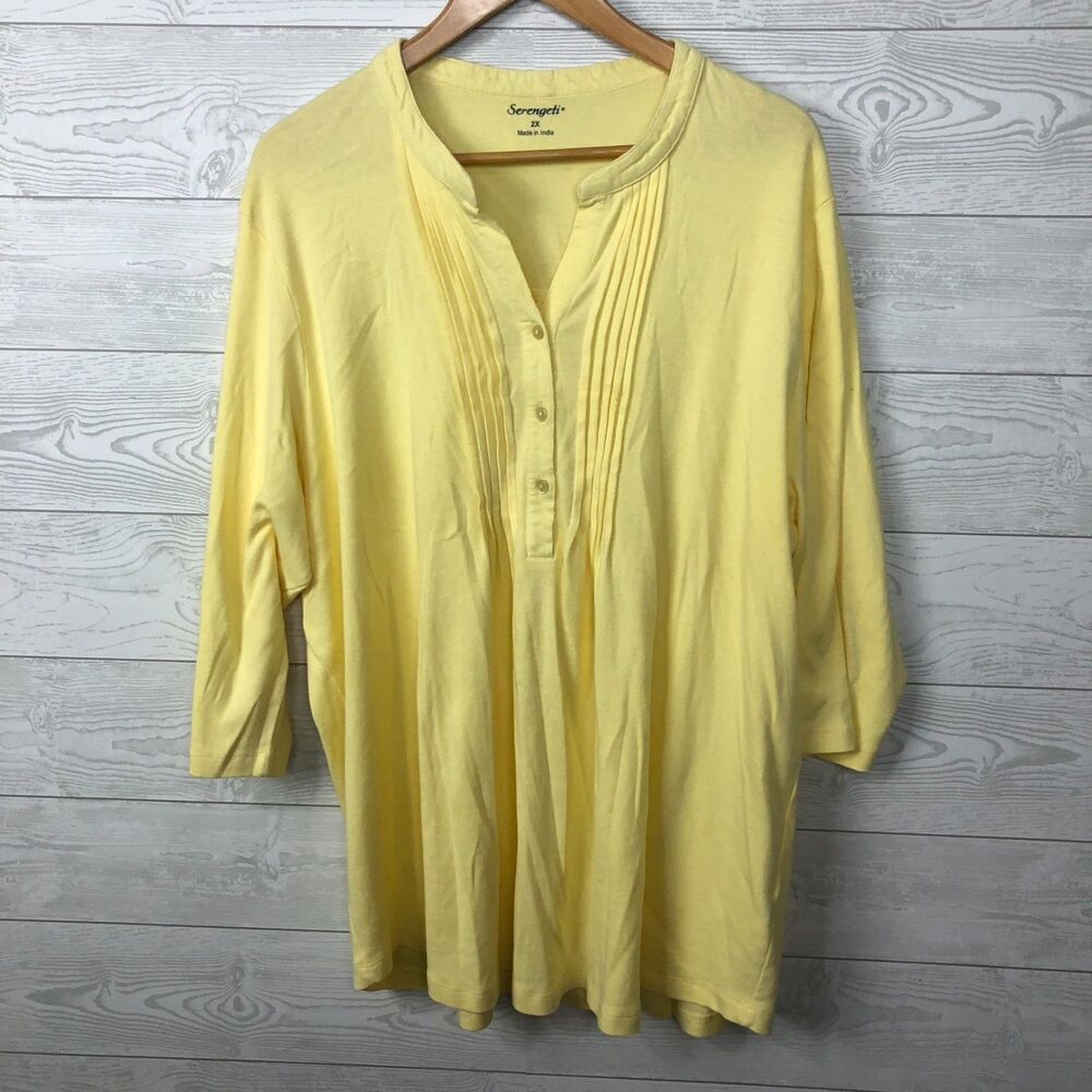 Serengeti Women's 2X Popover Shirt 3/4 Sleeve 100% Cotton Casual Top Yellow
